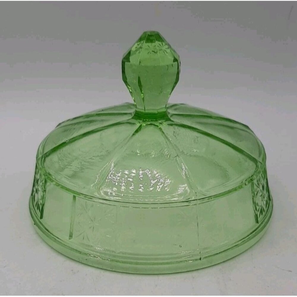 Rare Vintage 1930's Doric Jeannette Green Glass Round Butter Dish Glows LID ONLY